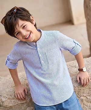 Pine Kids Cotton Full Sleeves With One Pocket Stripe Shirt - Blue