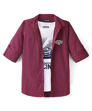 Pine Kids Cotton Woven Full Sleeves Check Shirt with Inner T-Shirt - Maroon