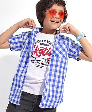 Pine Kids Cotton Half Sleeves Check Shirts With T-Shirt Text Print- Blue & White