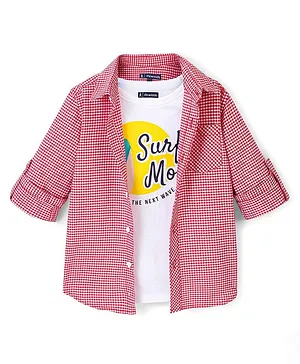 Pine Kids Cotton Woven Full Sleeves Checks Shirt with Inner Printed T-Shirt - Red