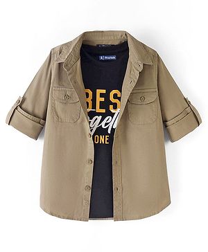Pine Kids Cotton Woven Full Sleeves Solid Color Shirt with Printed Inner Tee - Beige