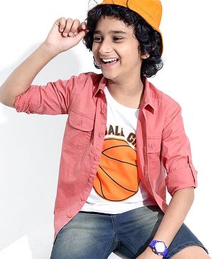 Pine Kids Cotton Woven Full Sleeves Solid Color Shirt with Printed Inner Tee - Red