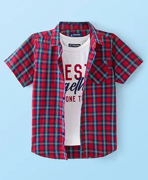 Pine Kids Cotton Woven Half Sleeves Check Shirt with Inner T-Shirt - Red