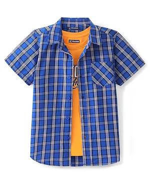 Pine Kids Cotton Woven Half Sleeves Checks Shirt with Sleeveless Inner  T-Shirt - Blue & Orange