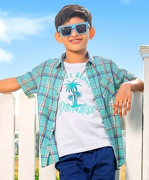 Pine Kids Cotton Woven Half Sleeves Check Shirt with Inner Tee - Green