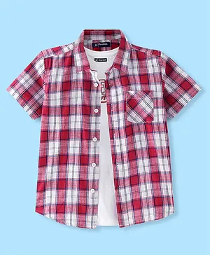 Pine Kids Cotton Woven Half Sleeves Check Shirt with Inner T-Shirt - Red & White