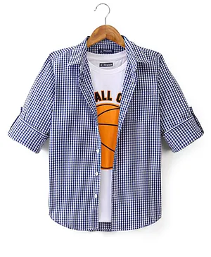 Pine Kids Cotton Woven Full Sleeves Check Shirt with Inner T-Shirt - Blue