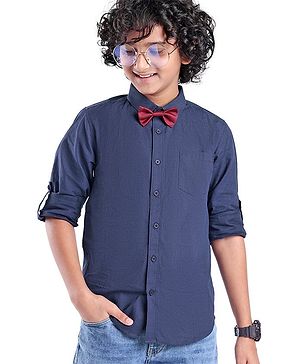Pine Kids Cotton Woven Full Sleeves Polka Dots Printed Party Shirt with Bow Tie - Blue