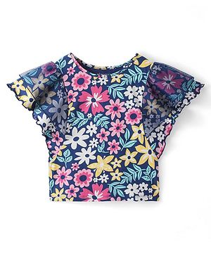 Pine Kids 100% Cotton Flared Sleeves Top All Over Printed Floral - Navy Peony