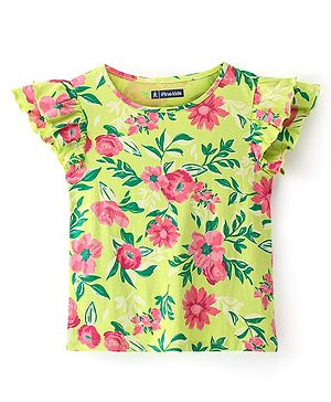 Pine Kids 100% Cotton Single Jersey Knit Ruffle Sleeves Top Floral Print - Green