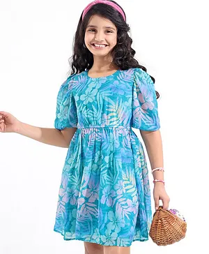 Hola Bonita Georgette Half Sleeves Dress Floral Print - Blue