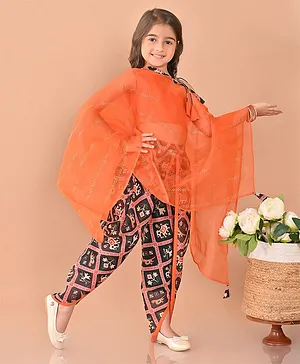 Lilpicks Couture One Shoulder  Sleeveless Solid  Top With Ethnic Motif Printed  Dhoti Set With Tie Up Shrug - Orange Multi Colour