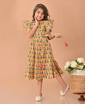 Lilpicks Coutue Cap Frill Sleeves Ethnic Floral Motif Printed With Gota Patti Embellished Fit  & Flare Dress - Multi Colour & Yellow