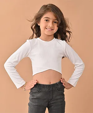 Lilpicks Coutue  Full Sleeves  Ribbed Solid Slim Fit Crop Top - White
