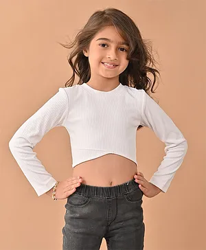 Lilpicks Coutue  Full Sleeves  Ribbed Solid Slim Fit Crop Top - White
