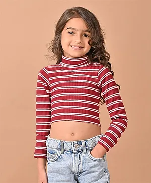 Lilpicks Coutue  Full Sleeves Double  Striped Slim Fit High Neck Crop Top - Maroon &  White