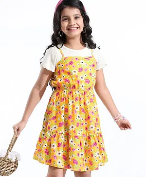 Hola Bonita Woven Floral Printed Dress With Half Sleeves Inner Tee - Yellow