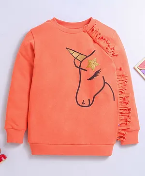 Nino Bambino 100% Cotton Full Sleeves Unicorn Printed Glitter Embellished  Sweatshirt - Orange