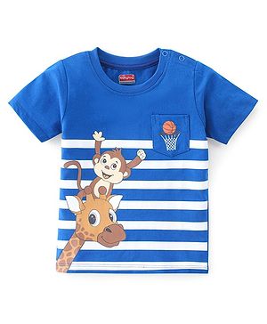 Babyhug Cotton Knit Half Sleeves Striped T-Shirt with Giraffe Print - Blue