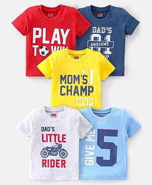 Babyhug 100% Cotton Knit Half Sleeves Tee With Text Graphics Pack Of 5 - Multicolour