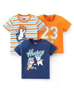 Babyhug Cotton Knit Half Sleeves T-Shirt Hockey Print Pack of 3 - Orange & Blue