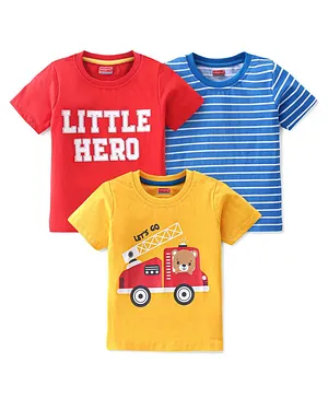 Babyhug 100% Cotton Knit Half Sleeves T-Shirt Stripes & Bear Graphics Print Pack Of 3 - Multicolor