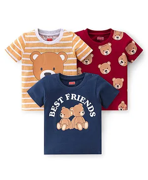 Babyhug 100% Cotton Knit Half Sleeves T-Shirt With Bear Graphics Pack Of 3 - Multicolour