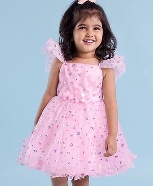 Babyhug Sleeveless Foil Heart Printed Party Frock with Floral Corsage - Baby Pink