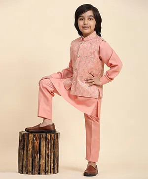 P-MARK Full Sleeves Solid Kurta & Pyjama With Geometric Design Sequin Embellished & Embroidered Jacket - Pink