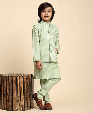 P-MARK Silk Full Sleeves Solid Kurta Pyjama With Sequin Embellished  Jacket Set - Green
