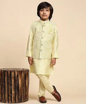 P-MARK Silk Full Sleeves Solid Kurta Pyjama With Sequin Embellished  Jacket Set - Yellow
