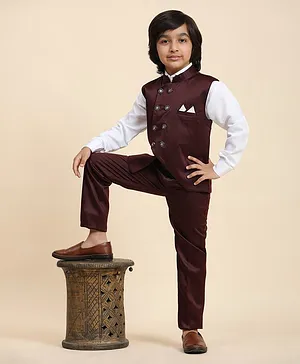 P-MARK Full Sleeves Solid Shirt & Pant With Double Button Closure Waistcoat - Maroon