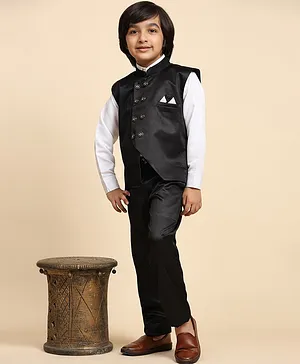 P-MARK Full Sleeves Solid Shirt & Pant With Double Button Closure Waistcoat - Black