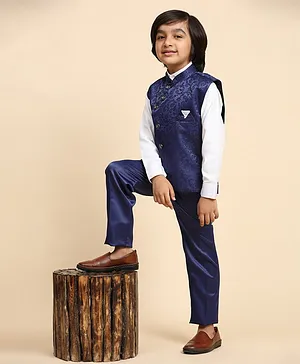 P-MARK Full Sleeves Solid Shirt & Pant With Leaf Woven Design Waistcoat - Royal Blue