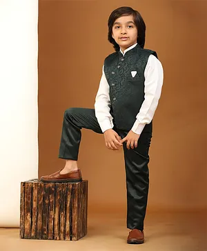 P-MARK Full Sleeves Solid Shirt & Pant With Leaf Woven Design Waistcoat - Dark Green