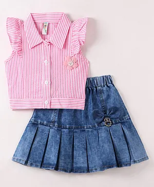 Enfance Cap Sleeves Striped & Flower Applique Detailed Top With Box Pleated Denim Skirts - Pink