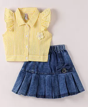 Enfance Cap Sleeves Striped & Flower Applique Detailed Top With Box Pleated Denim Skirts - Yellow