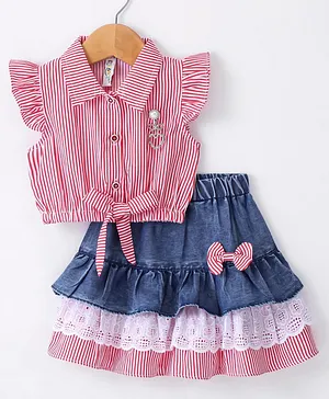 Enfance Cap Sleeves Frill Detailed Pencil Striped Collared Top With Coordinating Lace Embroidered Denim Skirts - Red
