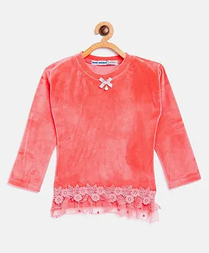 Nins Moda Full Sleeves Solid Floral Lace Embellished Pre Winter Top - Coral Pink