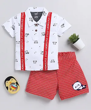 TOONYPORT Half Sleeves Panda Printed Mock Suspender Style Tee & Shorts Party Wear Set - White  Red
