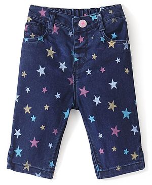Babyhug Cotton Spandex Washed Stretchable Denim Capris with Star Print -  Blue