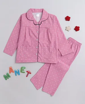 MANET 100% Cotton Full Sleeves Polka Dot Printed Night Suit - Pink