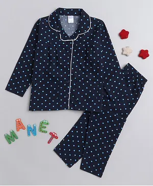 MANET  100% Cotton Full Sleeves Hearts  Printed Night Suit - Navy Blue