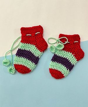 Little Peas Handmade Colour Block Detailed  Woollen Socks - Red Light Green & Dark Purple