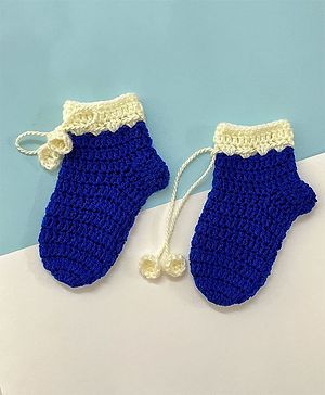 Little Peas Crochet Detailed Handmade Contrast Border Woollen Socks - Dark Blue & Off White