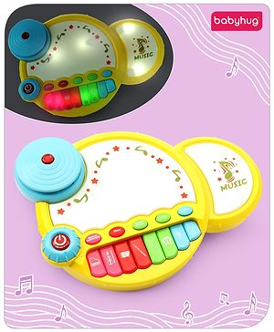 Babyhug Premium 2 in 1 Jazz Drum Piano for Kids- Yellow| Fun Musical Toy with Light for Kids| Sound Toy with 8 Multicolored Piano Keys| Pre-school Musical Instrument Learning for 12 Months+ Kids| BIS Certified