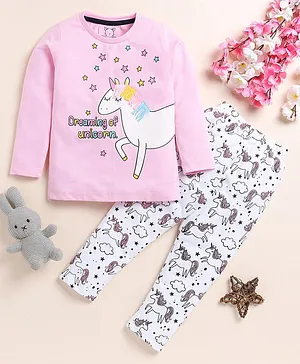 Little Marine Full Sleeves Unicorn Printed Night Suit - Pink