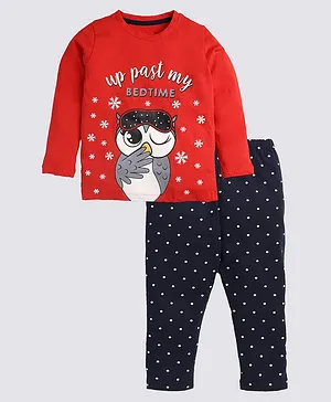 Little Marine Full Sleeves Owl Printed Night Suit - Red