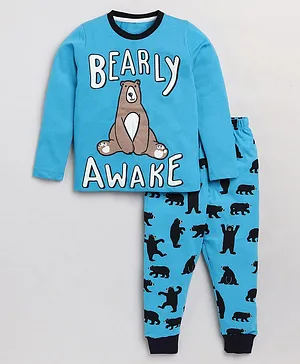 Little Marine Full Sleeves Bear Printed Night Suit - Navy Blue