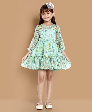 Little Marine Three Fourth Sleeves Floral Printed A Line Tiered Dress - Multi Colour